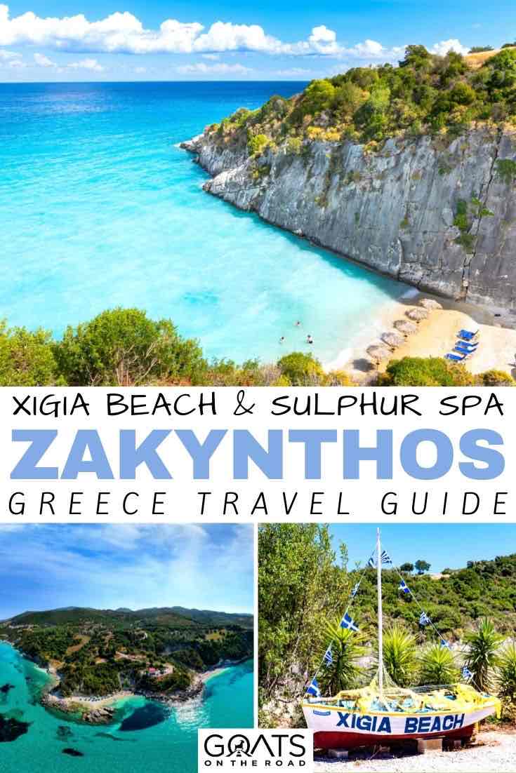 Xigia Beach with text overlay Zakynthos Greece travel guide