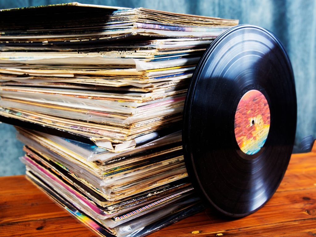 a stack of vinyl records