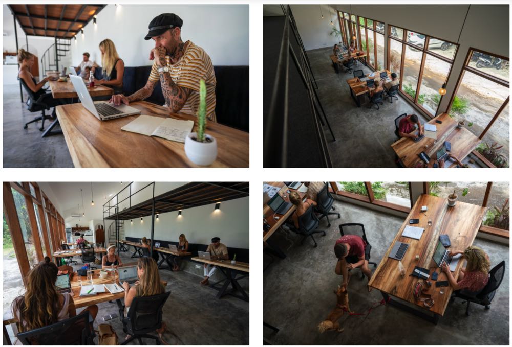 people sitting and working on laptops in a coworking space in bali