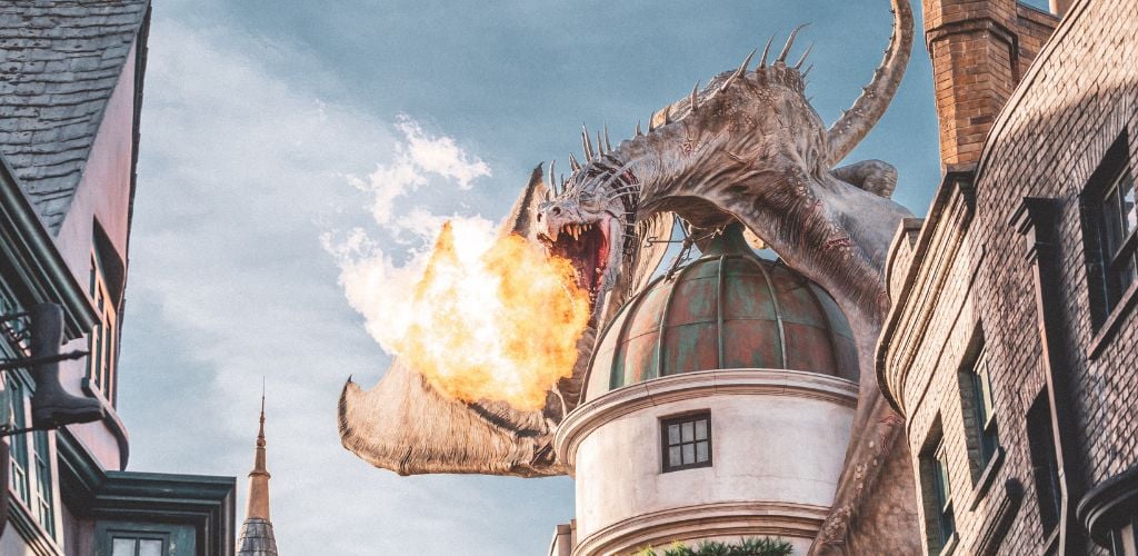 A dragon Breathing fire in universal studios in Orlando
