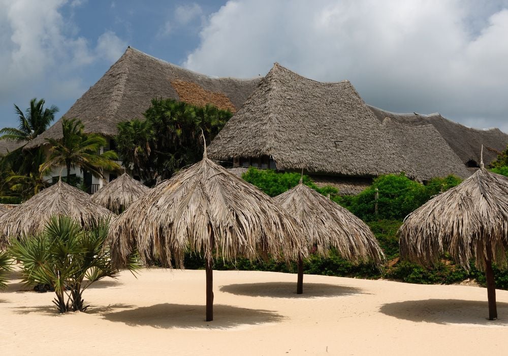 thatched resort in malindi with palm tree umbrellas