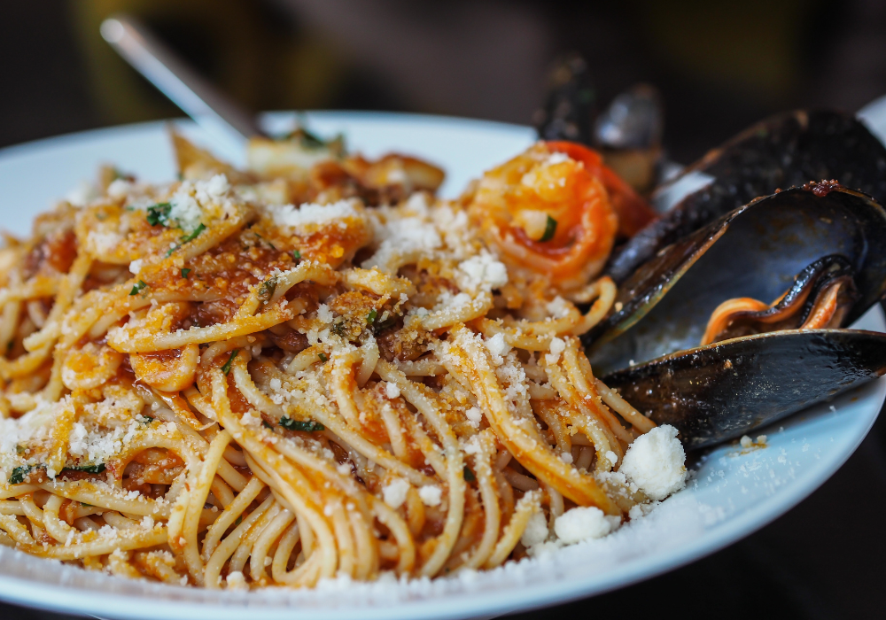 a plate of seafood pasta 