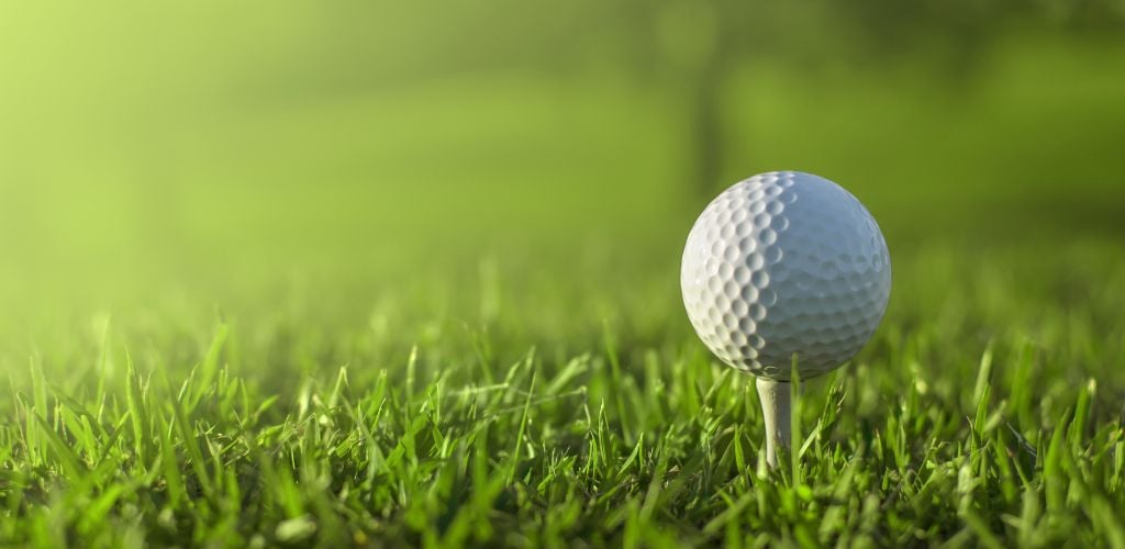 A golf ball on the tee in perfect grass with a blurry background
