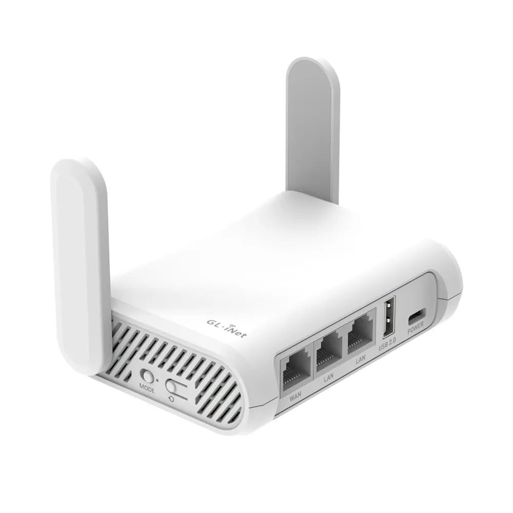 small white wifi router with a white background