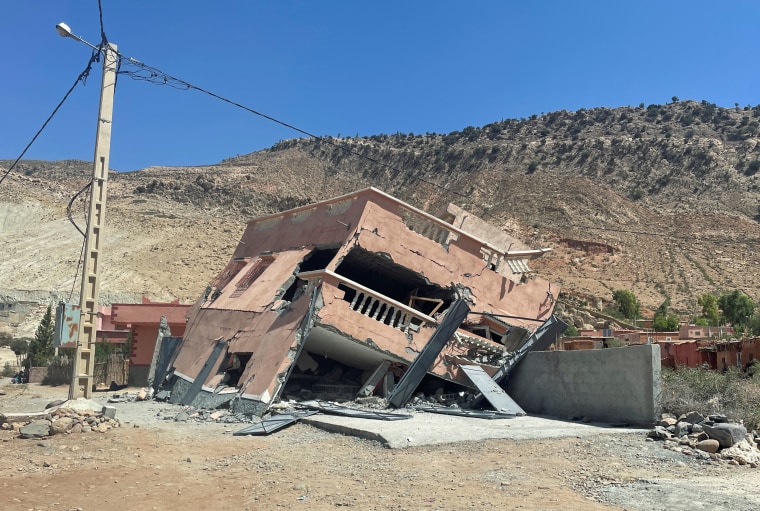 A collapsed building on the road between Amizmiz and Ouirgane in Morocco on Sept. 9, 2023. 