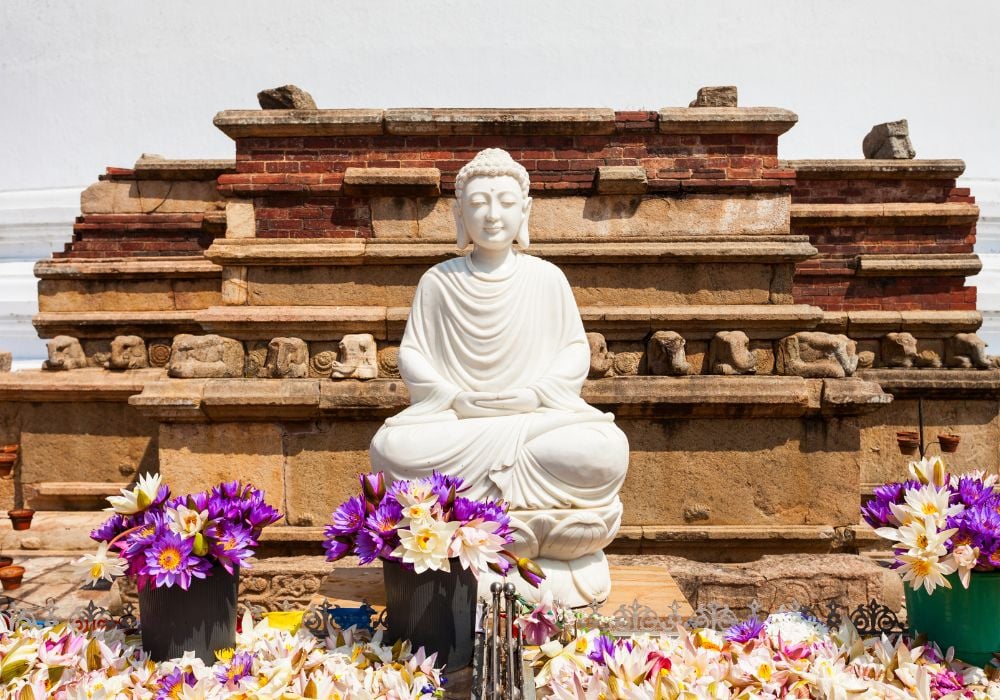 Anuradhapura sri lanka with a white buddha and flowers