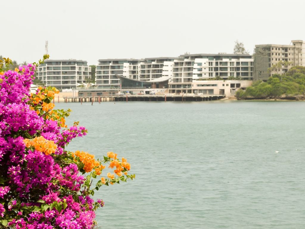 the mombasa river with buildings on the side and bouganvilla