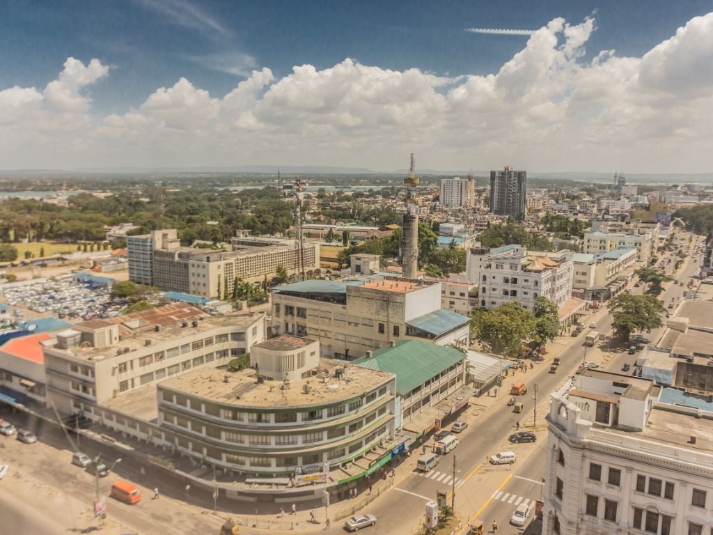 mombasa island city with buildings and cars
