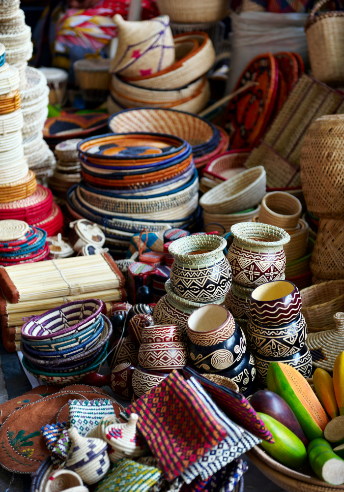 pots, bowls and other items for sale at a masai market