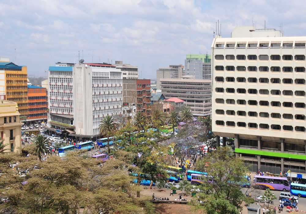 nairobi city center with buildings and buses