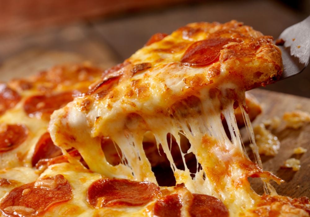 A cheesy pepperoni pizza.