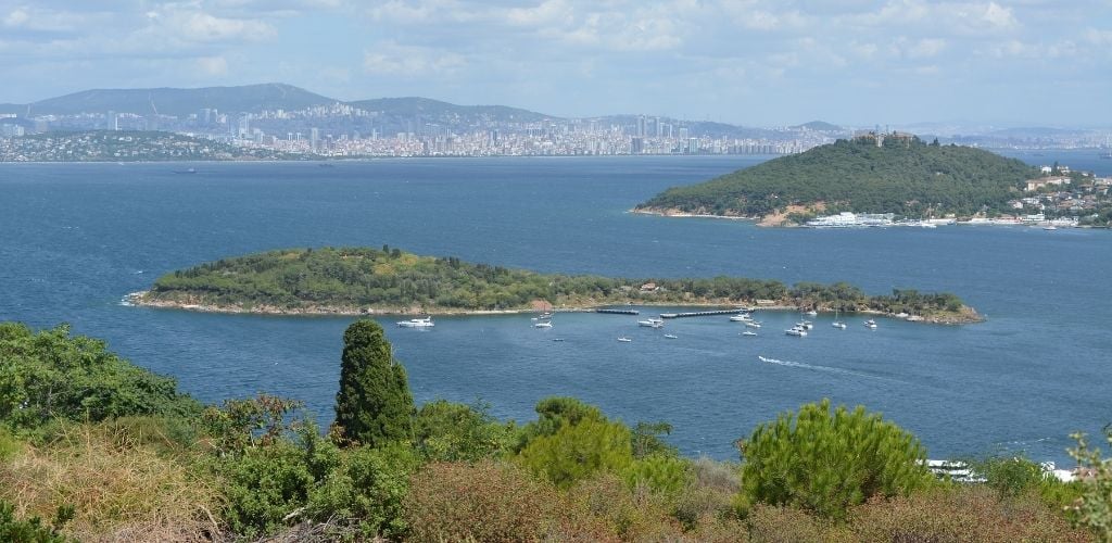 Princes' Islands, surrounded by mountain and sea water and a few small boats. 