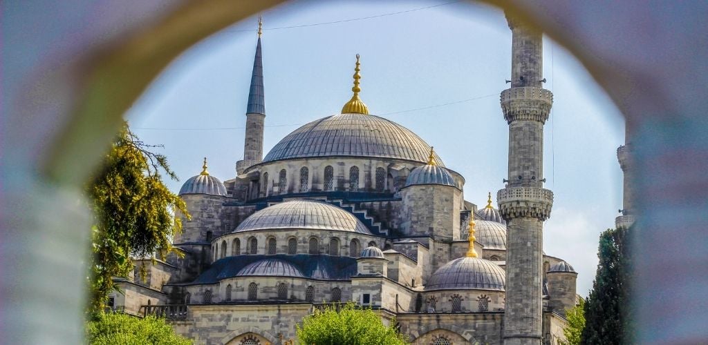 View of the famous Blue Mosque Sultan Ahmet Cami in Istanbul Turkey. 