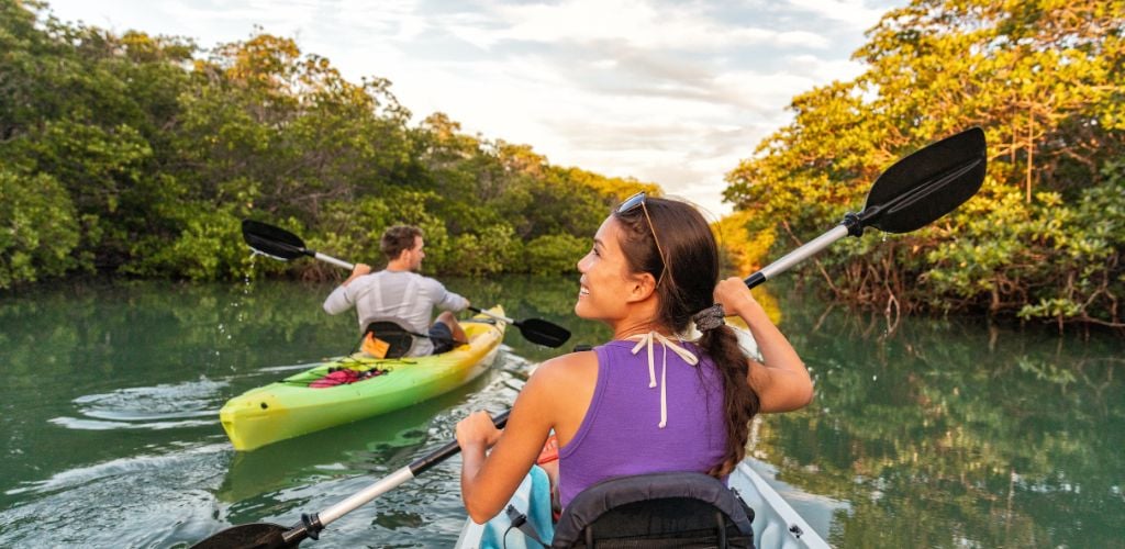 A man and a woman are kayaking in a mangrove. 