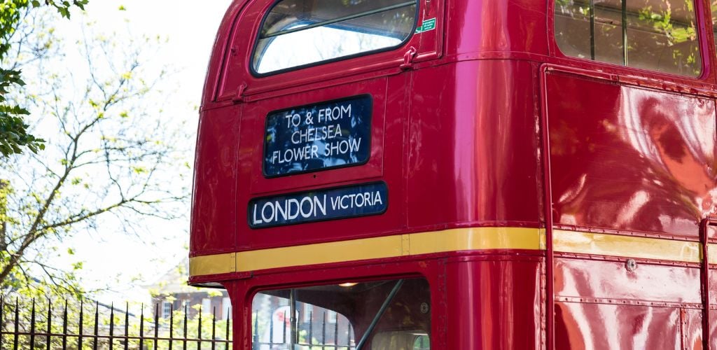 London Bus with a signage going to and from Chelsea Flower Show