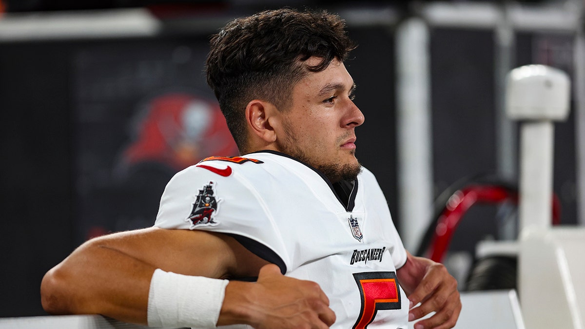 Jake Camarda sits on bench