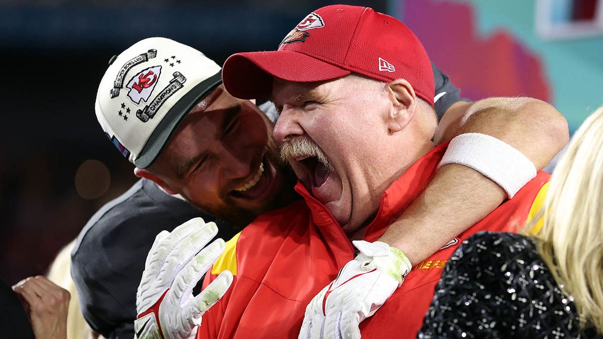 Travis Kelce and Andy Reid scream in excitement