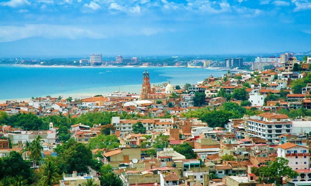 view of puerto vallarta with the town and the bay of banderas