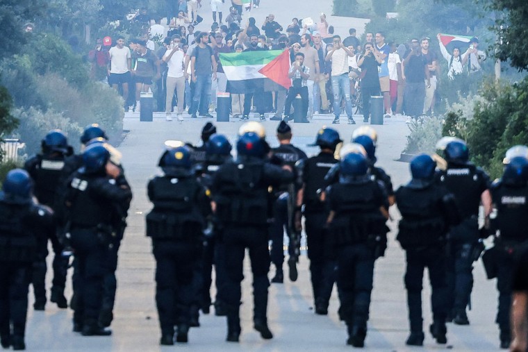 Protesters face French Gendarmes during an unauthorized demonstration in support of Palestinians in Toulouse.