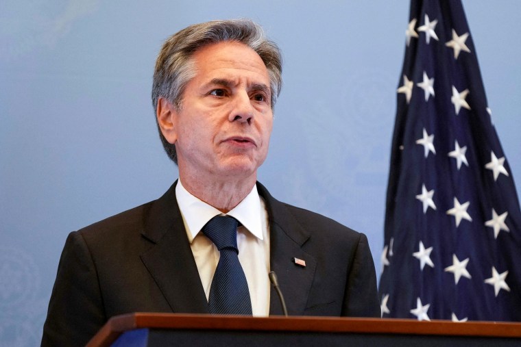 Secretary of State Antony Blinken speaks during a press conference in Tel Aviv.