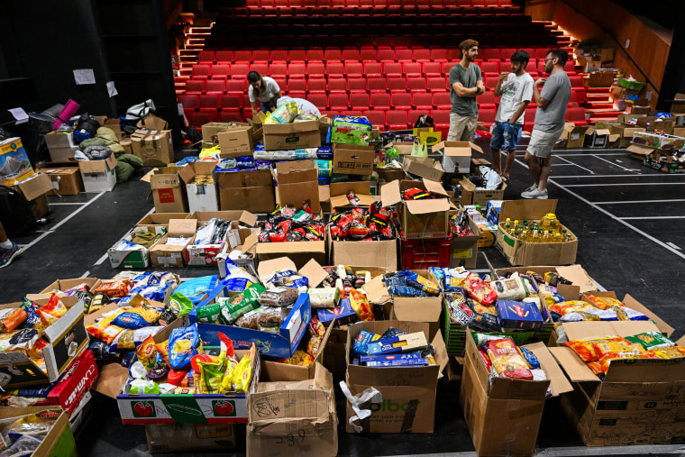 Volunteers pack boxes in Jerusalem on Oct. 12, 2023.