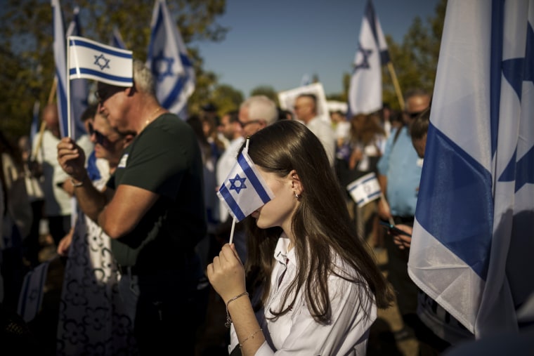 People rally in support of Israel in Bucharest, Romania.