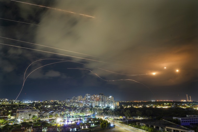 Israeli Iron Dome air defense systems intercept a rocket, in Ashkelon, Israel