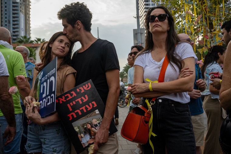 Families of the hostages and their supporters participate in a special Shabbat prayer service on Oct. 27, 2023 in Tel Aviv, Israel. 
