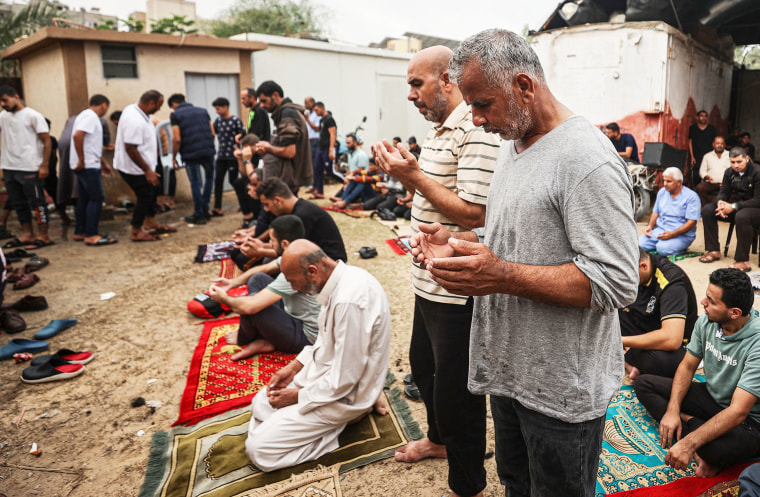 Palestinians perform Friday prayer in Nasser Hospital of Khan Yunis