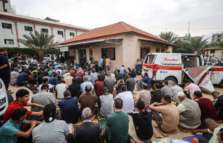 Palestinians perform Friday prayer in Nasser Hospital of Khan Yunis