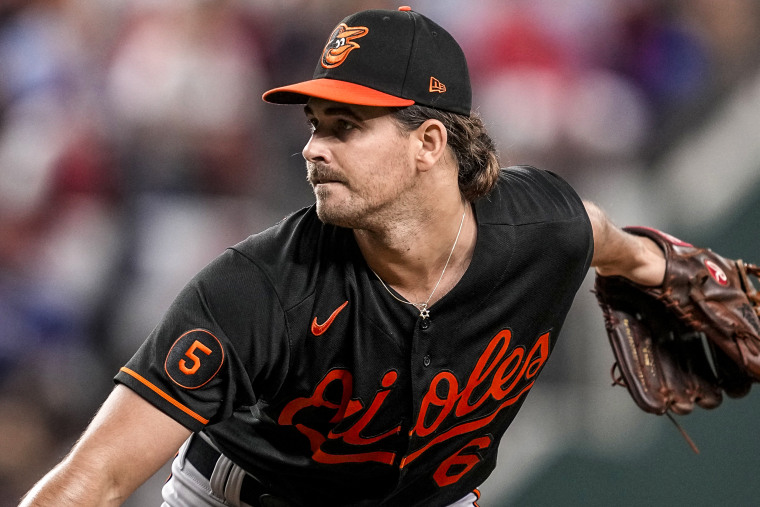 Image: Baltimore Orioles starting pitcher Dean Kremer (64) wears a Star of David necklace