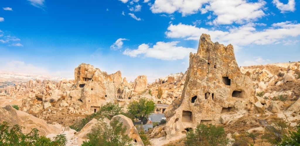 A cave made in a rock formation. 