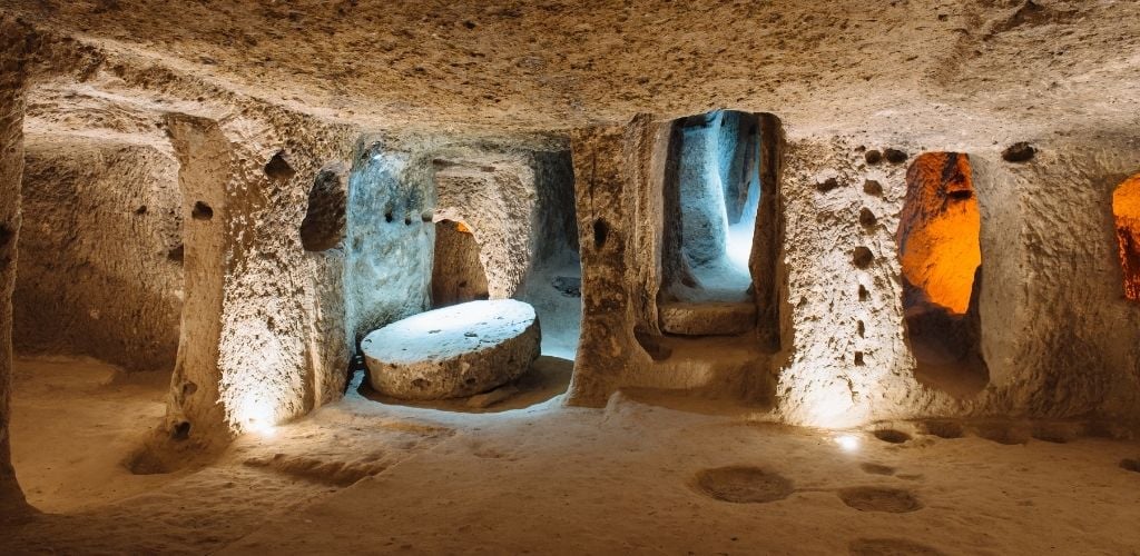 The Derinkuyu underground city is an ancient multi-level cave city in Cappadocia, Turkey. Stone used as a door in the old underground city.