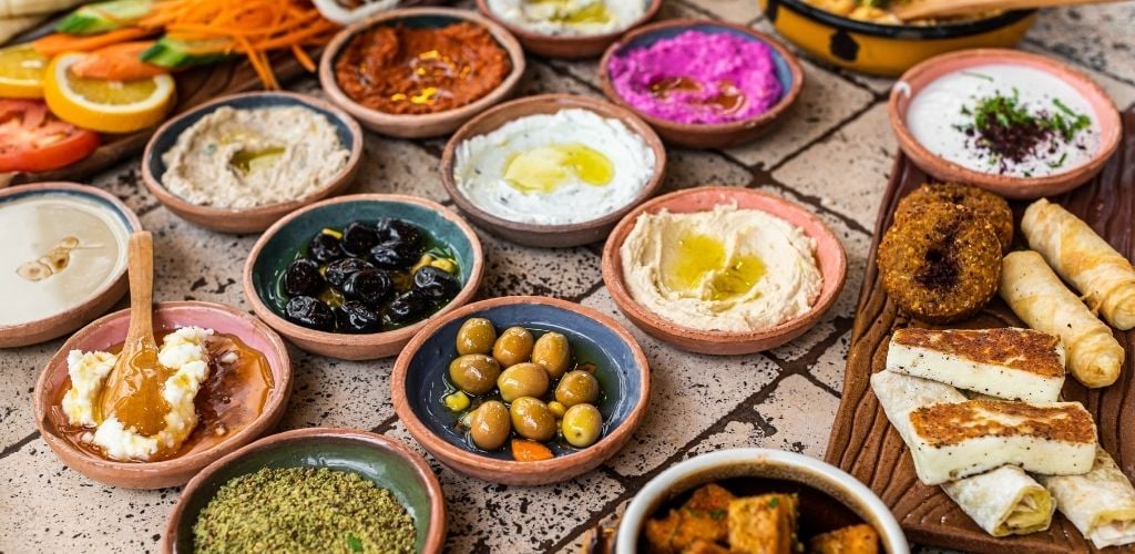 Turkish Village breakfast table served in a restaurant. Top view. 