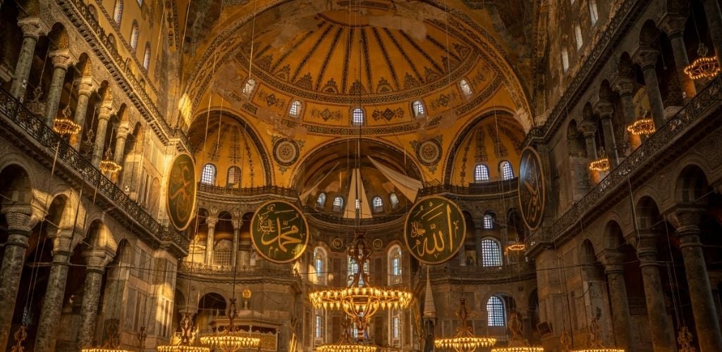 Interior view of Hagia Sophia in Istanbul with yellow dim light 