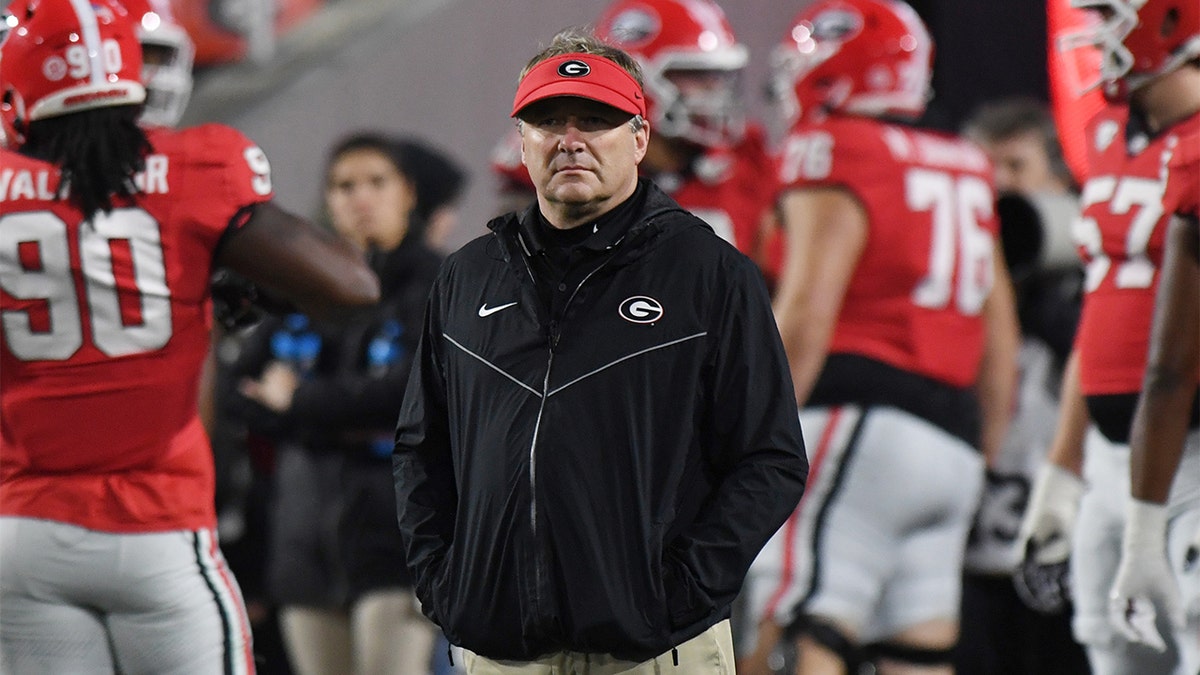 Kirby Smart looks on before playing Ole Miss