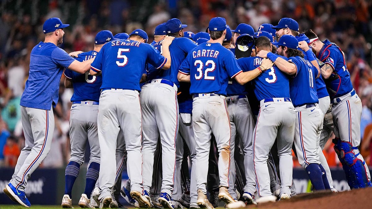 Texas Rangers in a huddle