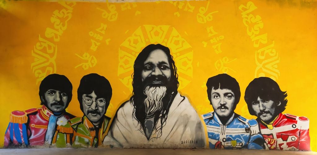 Painting of Beatles Pop Band Members and Maharishi spiritual Guru at Beatles Ashram, Rishikesh, Uttarakhand, India