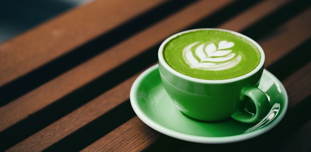 Cup of matcha with latte art on wooden background. Beautiful foam and greenery ceramic cup. 