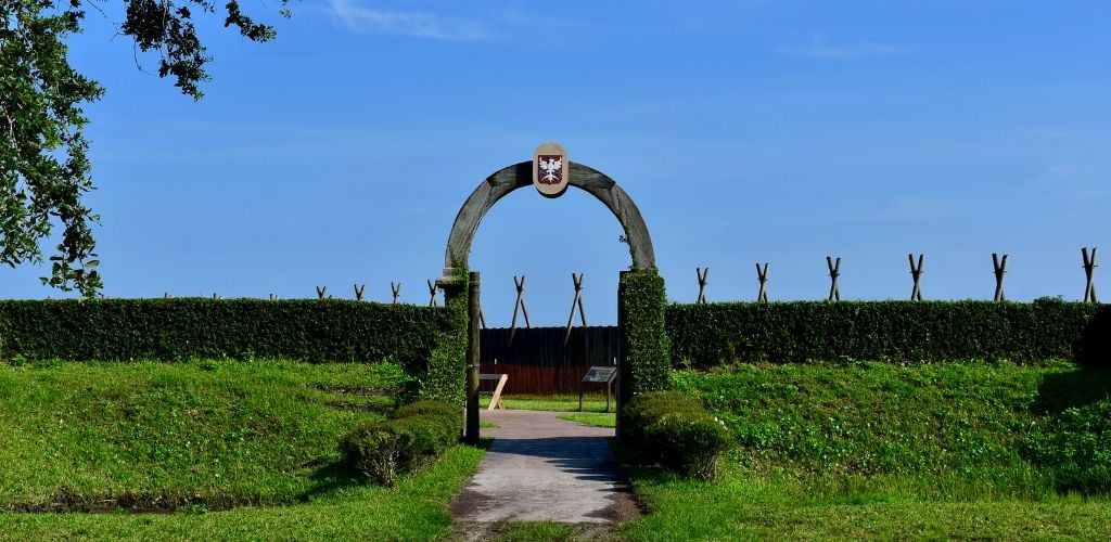 Image shows entry to Fort Caroline National Monument within the Timucuan Ecological and Historical Preserve. 