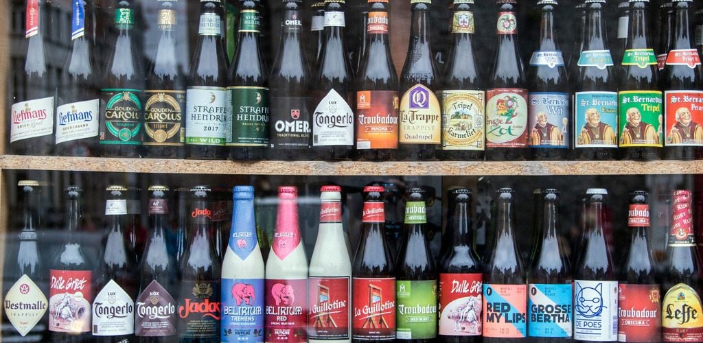 Abundance of beer brands in a store window in Belgium. 