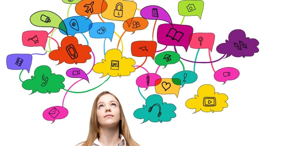 Young smiling woman looking upwards, colored icons depicting functions of social networks above her head around. White background. Concept of social network. 