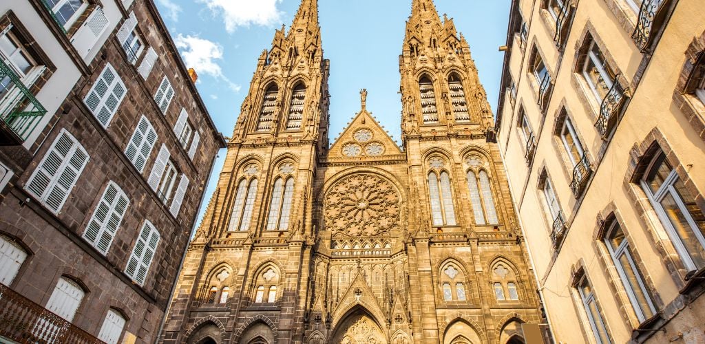 View the famous cathedral during the sunset in Clermont Ferrand city in France.