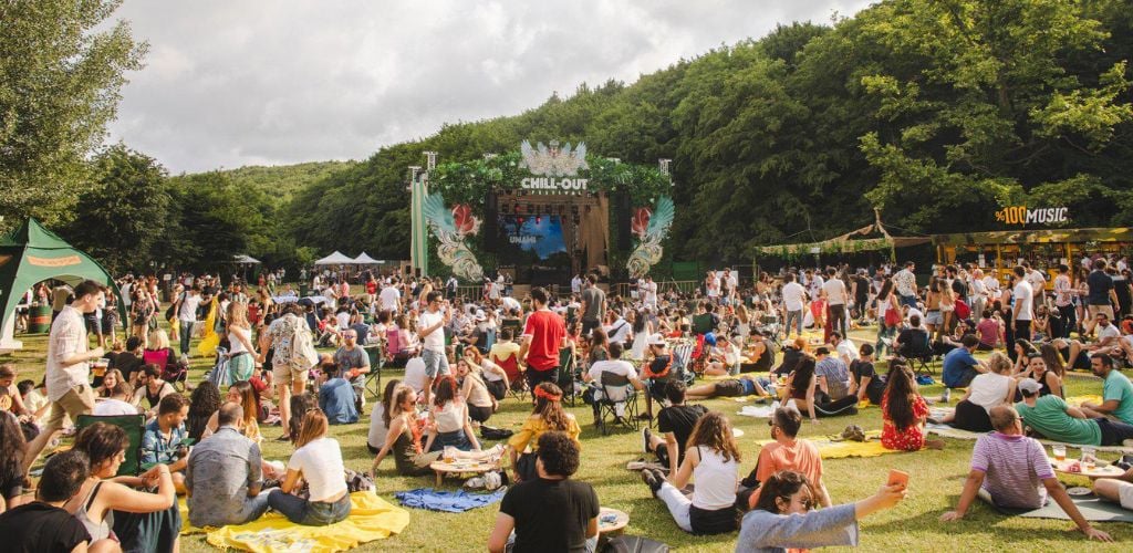 A chill-out festival with a large audience gathered in a large green area. 