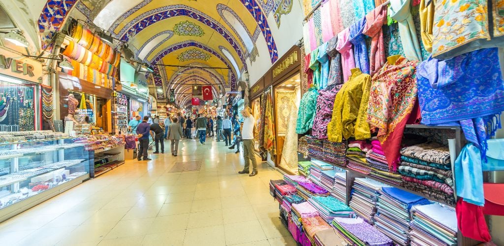 The Grand Bazaar. Display colorful fabrics.