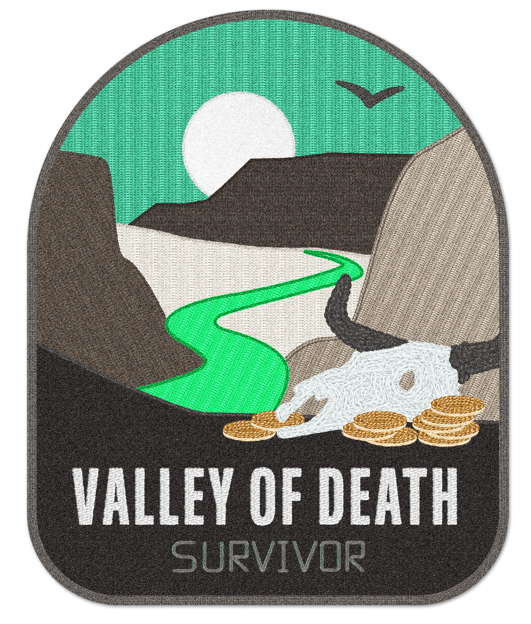 an embroidered patch based on the Valley of Death with the words "Valley of Death Survivor" at the bottom