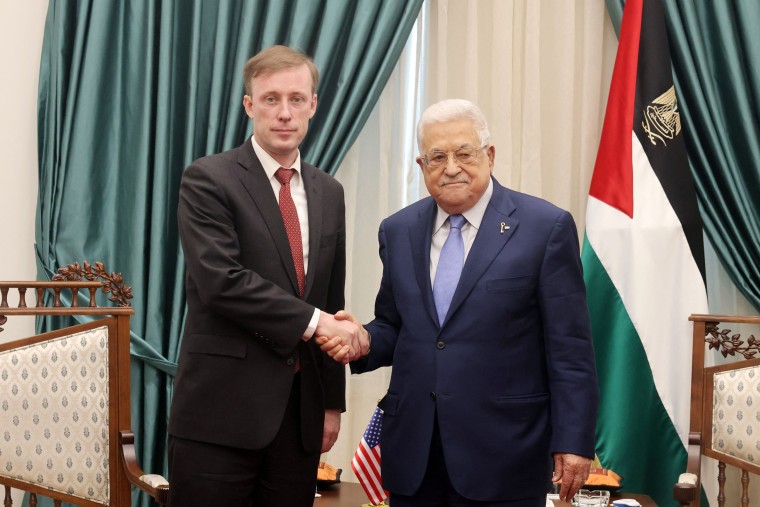 Palestinian President Mahmud Abbas meeting with U.S, National Security Advisor Jake Sullivan in Ramallah in the occupied West Bank on December 15, 2023.