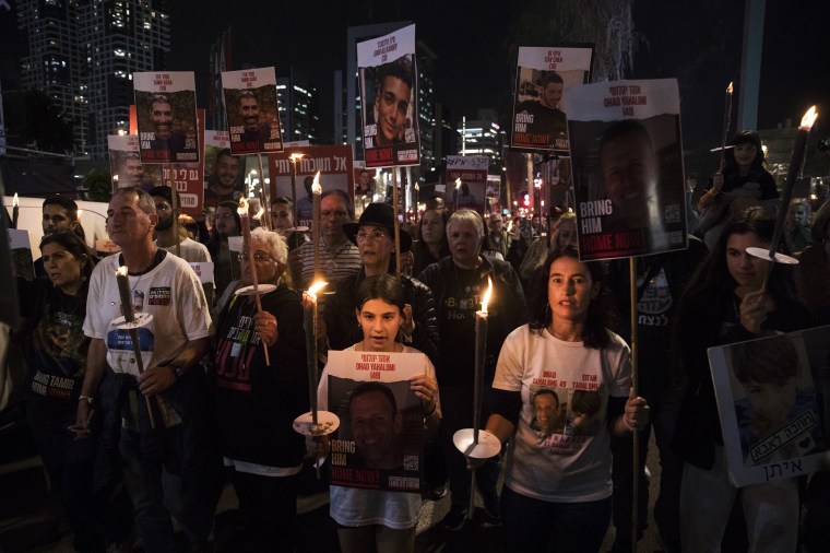 Image: Families And Supporters Of Israeli Hostages Mark First Night Of Hanukkah