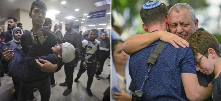 Wounded Palestinians arrive at a hospital in Khan Younis today and the funeral for First Sgt. Maj. Gal Meir Eisenkot in Herzliya, Israel, today.