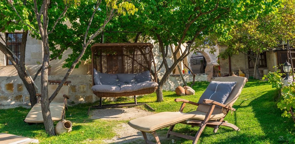 A chaise longue at a cave hotel in Cappadocia, Turkey. 